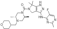 结构式 CAS# 1046787-18-1, [(2S,5R)-2,5-二甲基-4-[(四氢-2H-吡喃-4-基)甲基]-1-哌嗪基][3-[(5-氟-2-甲基-4-嘧啶基)氨基]-4,6-二氢-6,6-二甲基吡咯并[3,4-c]吡唑-5(1H)-基]甲酮