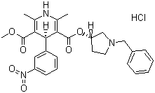结构式 CAS# 104757-53-1, 盐酸巴尼地平; (4S)-2,6-二甲基-4-(间硝基苯基)-1,4-二氢吡啶-3,5-二羧酸 (3S)-1-苄基-3-吡咯烷基-甲基酯盐酸盐