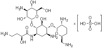 structure of CAS# 104931-87-5, Arbekacin sulfate;O-3-Amino-3-deoxy-alpha-D-glucopyranosyl-(1→6)-O-[2,6-diamino-2,3,4,6-tetradeoxy-alpha-D-erythro-hexopyranosyl-(1→4)]-N1-[(2S)-4-amino-2-hydroxy-1-oxobutyl]-2-deoxy-D-streptamine sulfate (salt); HBK; Habekacin