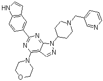 结构式 CAS# 1062159-35-6, WAY 600; 6-(1H-吲哚-5-基)-4-(4-吗啉基)-1-[1-(3-吡啶基甲基)-4-哌啶基]-1H-吡唑并[3,4-d]嘧啶