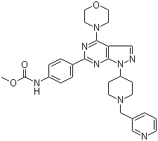 structure of CAS# 1062161-90-3, WYE-687;N-[4-[4-(4-Morpholinyl)-1-[1-(3-pyridinylmethyl)-4-piperidinyl]-1H-pyrazolo[3,4-d]pyrimidin-6-yl]phenyl]carbamic acid methyl ester