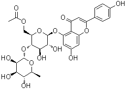 structure of CAS# 109232-77-1, Camellianin A;5-[[6-O-Acetyl-4-O-(6-deoxy-alpha-L-mannopyranosyl)-beta-D-glucopyranosyl]oxy]-7-hydroxy-2-(4-hydroxyphenyl)-4H-1-benzopyran-4-one