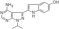 结构式 CAS# 1092351-67-1, PP 242; 2-(4-氨基-1-异丙基-1H-吡唑并[3,4-d]嘧啶-3-基)-1H-吲哚-5-醇