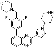 structure of CAS# 1092499-93-8, NVP-BSK 805;8-[3,5-Difluoro-4-(4-morpholinylmethyl)phenyl]-2-[1-(4-piperidinyl)-1H-pyrazol-4-yl]quinoxaline