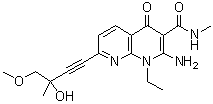 structure of CAS# 1092539-44-0, (-)-2-Amino-1-ethyl-1,4-dihydro-7-(3-hydroxy-4-methoxy-3-methyl-1-butyn-1-yl)-N-methyl-4-oxo-1,8-naphthyridine-3-carboxamide
