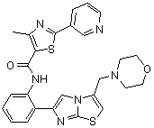 structure of CAS# 1093403-33-8, 4-Methyl-N-[2-[3-(morpholinomethyl)imidazo[2,1-b]thiazol-6-yl]phenyl]-2-(pyridin-3-yl)thiazole-5-carboxamide;SRT 2104