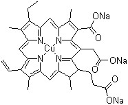 structure of CAS# 11006-34-1, Chlorophyllin;Chlorophyllin coppered trisodium salt; Trisodium (2S-trans)-[18-carboxy-20-(carboxymethyl)-13-ethyl-2,3-dihydro-3,7,12,17-tetramethyl-8-vinyl-21H,23H-porphine-2-propionato(5-)-N21,N22,N23,N24]cuprate(3-)