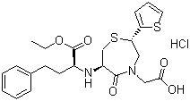 structure of CAS# 110221-44-8, Temocapril hydrochloride;(+)-[(2S,6R)-6-[[(S)-1-(Ethoxycarbonyl)-3-phenylpropyl]amino]-5-oxo-2-(2-thienyl)perhydro-1,4-thiazepin-4-yl]acetic acid hydrochloride