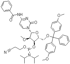 N-Benzoyl-5'-O-[bis(4-methoxyphenyl)phenylmethyl]-2'-O-methylcytidine 3'-[2-cyanoethyl bis(1-methylethyl)phosphoramidite] molecular structure (CAS 110764-78-8)
