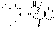 structure of CAS# 111991-09-4, Nicosulfuron;1-(4,6-Dimethoxypyrimidin-2-yl)-3-(3-dimethylcarbamoyl-2-pyridylsulfonyl)urea; 2-[(4,6-Dimethoxypyrimidin-2-ylcarbamoyl)sulfamoyl]-N,N-dimethylnicotinamide
