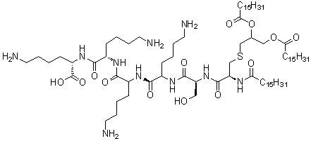 structure of CAS# 112208-00-1, S-[2,3-Bis[(1-oxohexadecyl)oxy]propyl]-N-(1-oxohexadecyl)-L-cysteinyl-L-seryl-L-lysyl-L-lysyl-L-lysyl-L-lysine;P 3C; Pam3CSK4; Pam3CysSK4