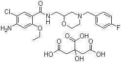 结构式 CAS# 112885-42-4, 枸橼酸莫沙必利; 4-氨基-5-氯-2-乙氧基-N-[[4-(4-氟苄基)-2-吗啉基]甲基]苯甲酰胺枸橼酸盐