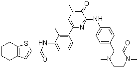 structure of CAS# 1133432-46-8, N-[3-[6-[[4-(1,4-Dimethyl-3-oxo-2-piperazinyl)phenyl]amino]-4,5-dihydro-4-methyl-5-oxo-2-pyrazinyl]-2-methylphenyl]-4,5,6,7-tetrahydrobenzo[b]thiophene-2-carboxamide