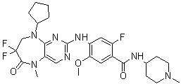 structure of CAS# 1137868-52-0, TAK 960;4-[(9-Cyclopentyl-7,7-difluoro-6,7,8,9-tetrahydro-5-methyl-6-oxo-5H-pyrimido[4,5-b][1,4]diazepin-2-yl)amino]-2-fluoro-5-methoxy-N-(1-methyl-4-piperidinyl)benzamide