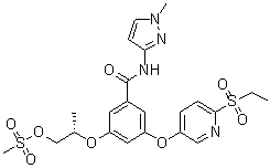 structure of CAS# 1137916-97-2, 3-[[6-(Ethylsulfonyl)-3-pyridinyl]oxy]-5-[(1S)-2-hydroxy-1-methylethoxy]-N-(1-methyl-1H-pyrazol-3-yl)benzamide methanesulfonate (1:1);MK 0941