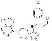 structure of CAS# 1143532-39-1, Capivasertib;4-Amino-N-[(1S)-1-(4-chlorophenyl)-3-hydroxypropyl]-1-(7H-pyrrolo[2,3-d]pyrimidin-4-yl)-4-piperidinecarboxamide