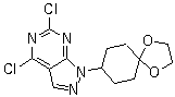 structure of CAS# 1144080-31-8, 4,6-Dichloro-1-(1,4-dioxaspiro[4.5]dec-8-yl)-1H-pyrazolo[3,4-d]pyrimidine