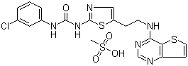 结构式 CAS# 1146618-41-8, N-(3-氯苯基)-N'-[5-[2-(噻吩并3,2-d]嘧啶-4-基氨基)乙基]-2-噻唑基]脲甲磺酸盐 (1:1)