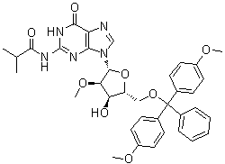 structure of CAS# 114745-26-5, 5'-O-[Bis(4-methoxyphenyl)phenylmethyl]-2'-O-methyl-N-(2-methyl-1-oxopropyl)guanosine;N-[9-[(2R,3R,4R,5R)-5-[[bis(4-methoxyphenyl)-phenylmethoxy]methyl]-4-hydroxy-3-methoxyoxolan-2-yl]-6-oxo-1H-purin-2-yl]-2-methylpropanamide