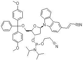 structure of CAS# 1157899-72-3, (2E)-3-[9-[5-O-[Bis(4-methoxyphenyl)phenylmethyl]-3-O-[[bis(1-methylethyl)amino](2-cyanoethoxy)phosphino]-2-deoxy-beta-D-erythro-pentofuranosyl]-9H-carbazol-3-yl]-2-propenenitrile
