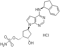 结构式 CAS# 1160295-21-5, MLN-4924 盐酸盐; 氨基磺酸 [(1S,2S,4R)-4-[4-[[(1S)-2,3-二氢-1H-茚-1-基]氨基]-7H-吡咯并[2,3-d]嘧啶-7-基]-2-羟基环戊基]甲基酯盐酸盐