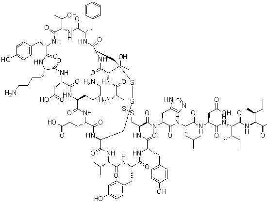 structure of CAS# 117399-93-6, Rat endothelin-3;33,34,49,50-Tetrathia-2,5,8,11,14,17,20,23,26,29,37,40,43,46-tetradecaazabicyclo[23.22.4]henpentacontane, cyclic peptide deriv.; 19: PN: WO2007112069 SEQID: 10 claimed protein; Endothelin 3 (mouse intestine); Human endothelin-3