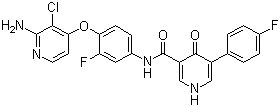 structure of CAS# 1174046-72-0, N-[4-((2-Amino-3-chloropyridin-4-yl)oxy)-3-fluorophenyl]-5-(4-fluorophenyl)-4-oxo-1,4-dihydropyridine-3-carboxamide;N-[4-(2-Amino-3-chloropyridin-4-yloxy)-3-fluorophenyl]-5-(4-fluorophenyl)-4-oxo-1,4-dihydropyridine-3-carboxamide