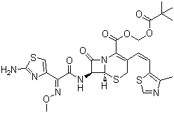 structure of CAS# 117467-28-4, Cefditoren pivoxil;2,2-Dimethylpropanoyloxymethyl (6R,7R)-7-[[(2Z)-2-(2-amino-1,3-thiazol-4-yl)-2-methoxyiminoacetyl]amino]-3-[(Z)-2-(4-methyl-1,3-thiazol-5-yl)ethenyl]-8-oxo-5-thia-1-azabicyclo[4.2.0]oct-2-ene-2-carboxylate