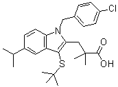 structure of CAS# 118414-82-7, 1-[(4-Chlorophenyl)methyl]-3-[(1,1-dimethylethyl)thio]-alpha,alpha-dimethyl-5-(1-methylethyl)-1H-indole-2-propanoic acid;L 663536; MK 886