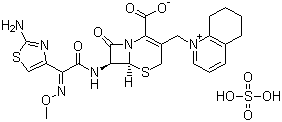 结构式 CAS# 118443-89-3, 硫酸头孢喹诺; (6R,7R)-7-[[(2Z)-2-(2-氨基-1,3-噻唑-4-基)-2-甲氧亚氨基乙酰]氨基]-8-氧代-3-(5,6,7,8-四氢喹啉-1-基甲基)-5-硫-1-氮杂双环[4.2.0]辛-2-烯-2-甲酸内盐硫酸盐