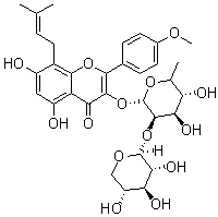 structure of CAS# 118525-36-3, Sagittatoside B;3-[(6-Deoxy-2-O-beta-D-xylopyranosyl-alpha-L-mannopyranosyl)oxy]-5,7-dihydroxy-2-(4-methoxyphenyl)-8-(3-methyl-2-butenyl)-4H-1-benzopyran-4-one