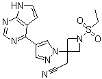 结构式 CAS# 1187594-09-7, Baricitinib; 1-(乙基磺酰基)-3-[4-(7H-吡咯并[2,3-d]嘧啶-4-基)-1H-吡唑-1-基]-3-氮杂环丁烷乙腈