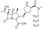 结构式 CAS# 119478-56-7, 美洛培南三水合物; 3-[5-(二甲基氨基甲酰基)哌啶-3-基]硫基]-6-(1-羟乙基)-4-甲基-7-氧代-1-氮杂二环[3.2.0]庚-2-烯-2-甲酸三水合物