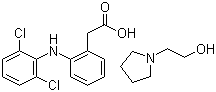 结构式 CAS# 119623-66-4, 双氯芬酸吡咯烷乙醇盐; 2-((2,6-二氯苯基)氨基)苯乙酸 1-吡咯烷乙醇盐