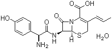 结构式 CAS# 121123-17-9, 头孢丙烯; 头孢布烯; (6R,7R)-7-[[(2R)-2-氨基-2-(4-羟基苯基)乙酰]氨基]-8-氧代-3-[(E)-丙-1-烯基]-5-硫杂-1-氮杂双环[4.2.0]辛-2-烯-2-甲酸水合物