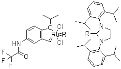 structure of CAS# 1212008-99-5, [1,3-Bis[2,6-bis(1-methylethyl)phenyl]-2-imidazolidinylidene]dichloro[[2-(1-methylethoxy)-5-[(2,2,2-trifluoroacetyl)amino]phenyl]methylene]-ruthenium