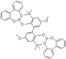structure of CAS# 121627-17-6, 2,2'-Bis[(1,1'-biphenyl-2,2'-diyl)phosphite]-3,3'-di-tert-butyl-5,5'-dimethoxy-1,1'-biphenyl;6,6'-[[3,3'-Bis(1,1-dimethylethyl)-5,5'-dimethoxy[1,1'-biphenyl]-2,2'-diyl]bis(oxy)]bis[dibenzo[d,f][1,3,2]dioxaphosphepin]; BIPHEPHOS