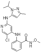 结构式 CAS# 1224887-10-8, 2-[[5-氯-2-[[3-甲基-1-(1-甲基乙基)-1H-吡唑-5-基]氨基]-4-吡啶基]氨基]-N-甲氧基苯甲酰胺