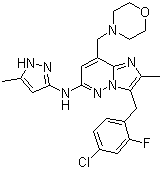 structure of CAS# 1229236-86-5, LY 2784544;3-[(4-Chloro-2-fluorophenyl)methyl]-2-methyl-N-(5-methyl-1H-pyrazol-3-yl)-8-(4-morpholinylmethyl)imidazo[1,2-b]pyridazin-6-amine