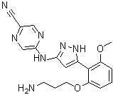 结构式 CAS# 1234015-52-1, 5-[[5-[2-(3-氨基丙氧基)-6-甲氧基苯基]-1H-吡唑-3-基]氨基]-2-吡嗪甲腈