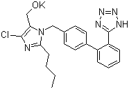 structure of CAS# 124750-99-8, Losartan potassium;2-Butyl-4-chloro-1-[[2'-(1H-tetrazol-5-yl)[1,1'-biphenyl]-4-yl]methyl]-1H-imidazole-5-methanol monopotassium salt