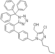 structure of CAS# 124751-00-4, [2-Butyl-4-chloro-1-[(2'-(1-trityl-1H-tetrazol-5-yl)biphenyl-4-yl)methyl]-1H-imidazol-5-yl]methanol ;2-Butyl-4-chloro-5-hydroxymethyl-1-[[2'-(1H-2-triphenylmethyl-tetrazol-5-yl)biphenyl-4-yl]methyl]imidazole