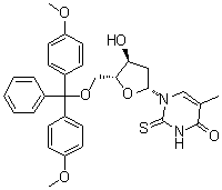 structure of CAS# 125258-60-8, 5'-O-[Bis(4-methoxyphenyl)phenylmethyl]-2-thiothymidine;5'-O-(Dimethoxytrityl)-2-thiothymidine