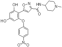 结构式 CAS# 1253584-84-7, 5-[2,4-二羟基-6-(4-硝基苯氧基)苯基]-N-(1-甲基-4-哌啶基)-3-异恶唑甲酰胺
