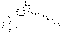 结构式 CAS# 1254473-64-7, 4-[(1E)-2-[5-[(1R)-1-(3,5-二氯-4-吡啶基)乙氧基]-1H-吲唑-3-基]乙烯基]-1H-吡唑-1-乙醇