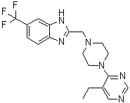 structure of CAS# 1255517-76-0, 2-[[4-(5-Ethyl-4-pyrimidinyl)-1-piperazinyl]methyl]-6-(trifluoromethyl)-1H-benzimidazole