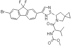 结构式 CAS# 1256388-50-7, N-[(1S)-1-[[(6S)-6-[5-(7-溴-9,9-二氟-9H-芴-2-基)-1H-咪唑-2-基]-5-氮杂螺[2.4]庚烷-5-基]羰基]-2-甲基丙基]氨基甲酸甲酯