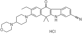 structure of CAS# 1256589-74-8, Alectinib hydrochloride;9-ethyl-6,6-dimethyl-8-(4-morpholin-4-ylpiperidin-1-yl)-11-oxo-5H-benzo[b]carbazole-3-carbonitrile;hydrochloride