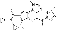 structure of CAS# 1271022-90-2, N,N-Dicyclopropyl-4-[(1,5-dimethyl-1H-pyrazol-3-yl)amino]-6-ethyl-1,6-dihydro-1-methyl-imidazo[4,5-d]pyrrolo[2,3-b]pyridine-7-carboxamide;BMS 911543