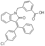 structure of CAS# 1273323-67-3, 3-[[(3E)-3-[(4-Chlorophenyl)phenylmethylene]-2,3-dihydro-2-oxo-1H-indol-1-yl]methyl]benzoic acid